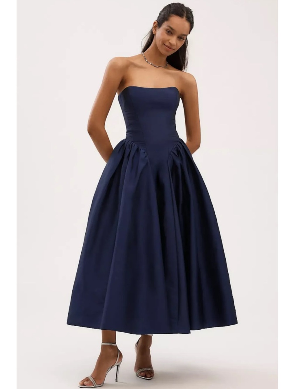 BHLDN Anthropologie Strapless Basque-Waist A-Line Corset Lace Up Back Midi Dress